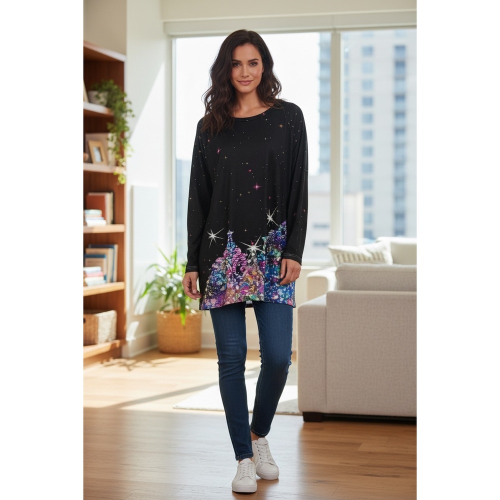 Women's 2XL Long Sleeve Black Galaxy Starry Night Christmas Tree Tunic Top‎